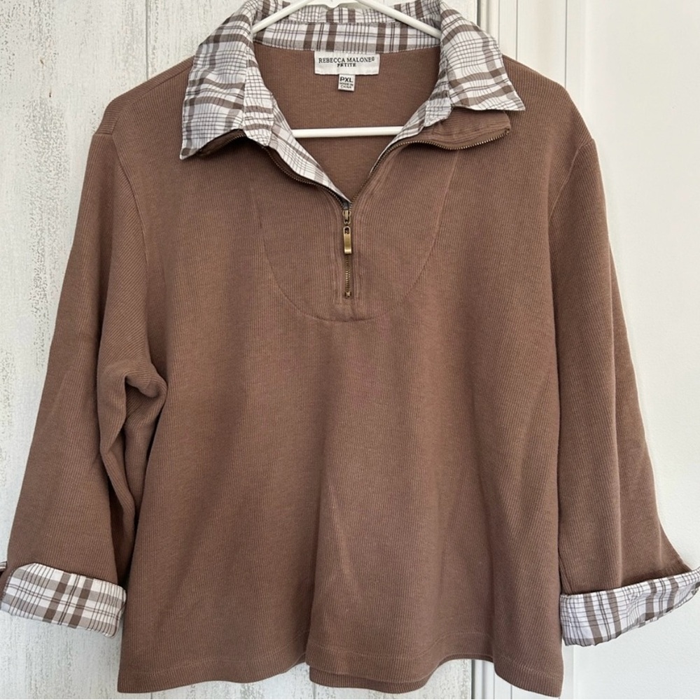 Rebecca Malone Brown Quarter-Zip Pullover with Plaid Collar and Cuffs